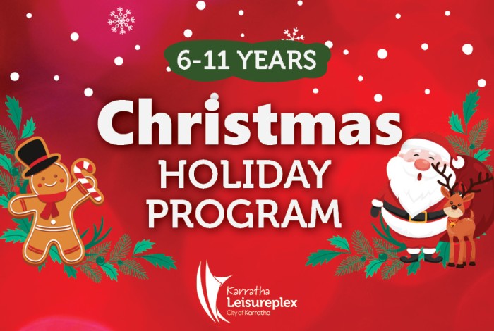 Red Christmas themed background with a gingerbread and Santa graphic to the side, with writing that says "6-11 years" then Christmas Holiday Program
