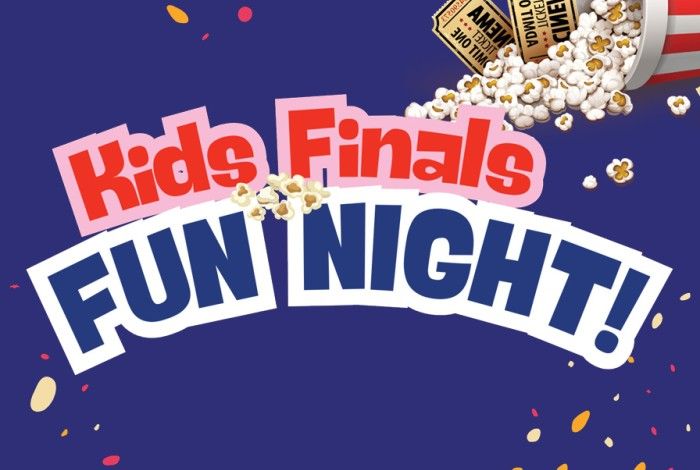 Graphic for ‘Kids Finals Fun Night!’ featuring bold red and blue text on a dark blue background. Popcorn and movie tickets spill from the top right corner, with scattered popcorn pieces and colourful confetti around the design, creating a fun atmosphere.