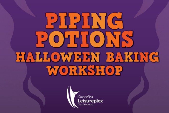 Piping potions Halloween Baking Workshop with a purple background