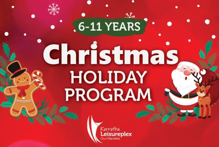 Red Christmas themed background with a gingerbread and Santa graphic to the side, with writing that says "6-11 years" then Christmas Holiday Program