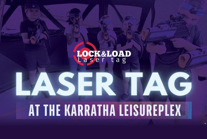 Children wearing headbands aim laser tag blasters inside an arena, with the text “Lock & Load Laser Tag – Laser Tag at the Karratha Leisureplex” overlaid on a purple background.