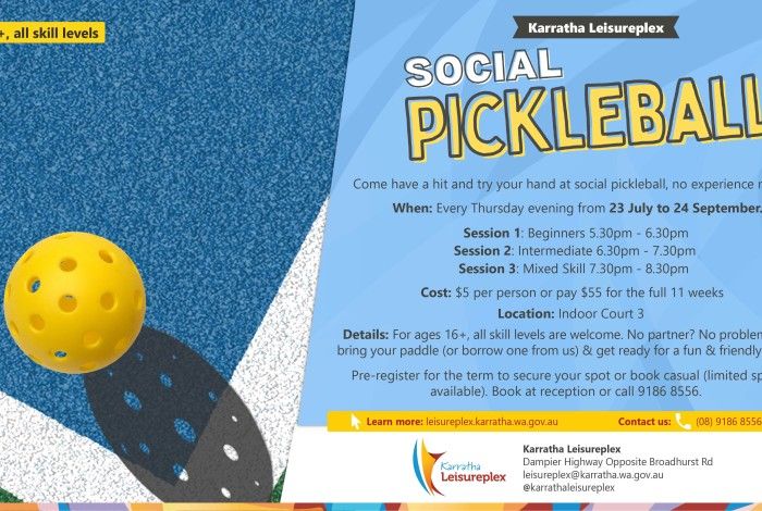 Info graphic for Social Pickleball with Pickleball on court surface 